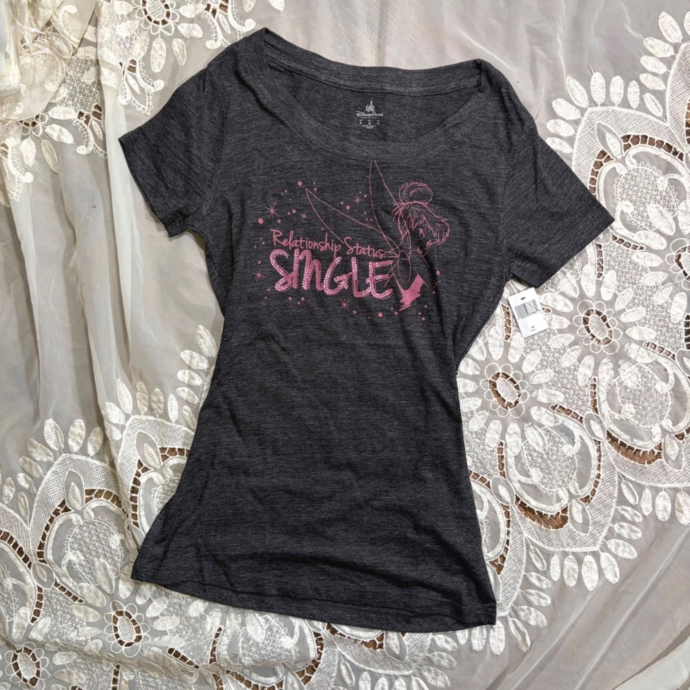 Y2K Baby Tee Tinker Bell Single Graphic Tee Charcoal Gray Pink Glitter Small